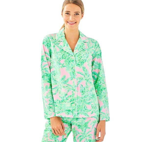 Lilly Pulitzer XL Button Up Pajama Top Green Pink Cotton Botanical Long Sleeves - Picture 13 of 13